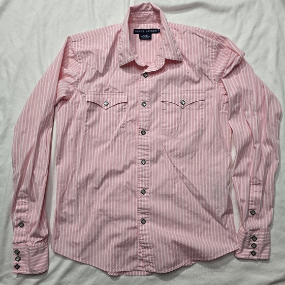 Ralph Lauren Tops - Ralph Lauren Slim Fit PinkWhite Striped Western Long Sleeve Snap Down Shirt Sz 4
